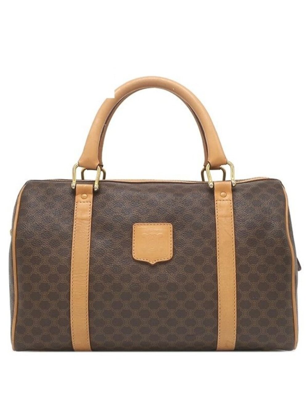 Celine Boston Bag Macadam Pattern Leather Brown Gold